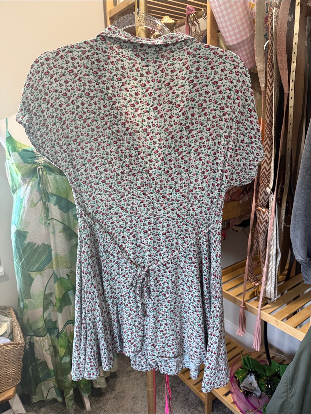 Lulu's Mint Floral Button-Up Short Sleeve Dress medium tie back - Picture 3 of 6